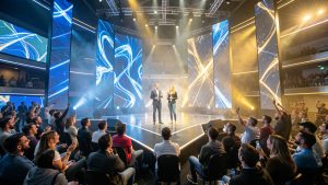 Grande convention de jeu vidéo avec une scène lumineuse, des écrans abstraits et un public baigné dans une ambiance bleue et dorée.