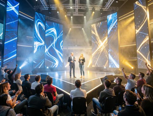 Grande convention de jeu vidéo avec une scène lumineuse, des écrans abstraits et un public baigné dans une ambiance bleue et dorée.