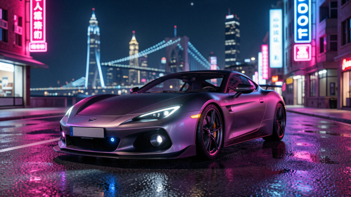 Vue nocturne d’une avenue urbaine fictive éclairée par des néons roses et bleus, avec une voiture sportive au premier plan et son autoradio illuminé.