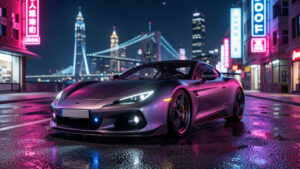 Vue nocturne d’une avenue urbaine fictive éclairée par des néons roses et bleus, avec une voiture sportive au premier plan et son autoradio illuminé.
