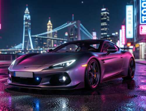 Vue nocturne d’une avenue urbaine fictive éclairée par des néons roses et bleus, avec une voiture sportive au premier plan et son autoradio illuminé.