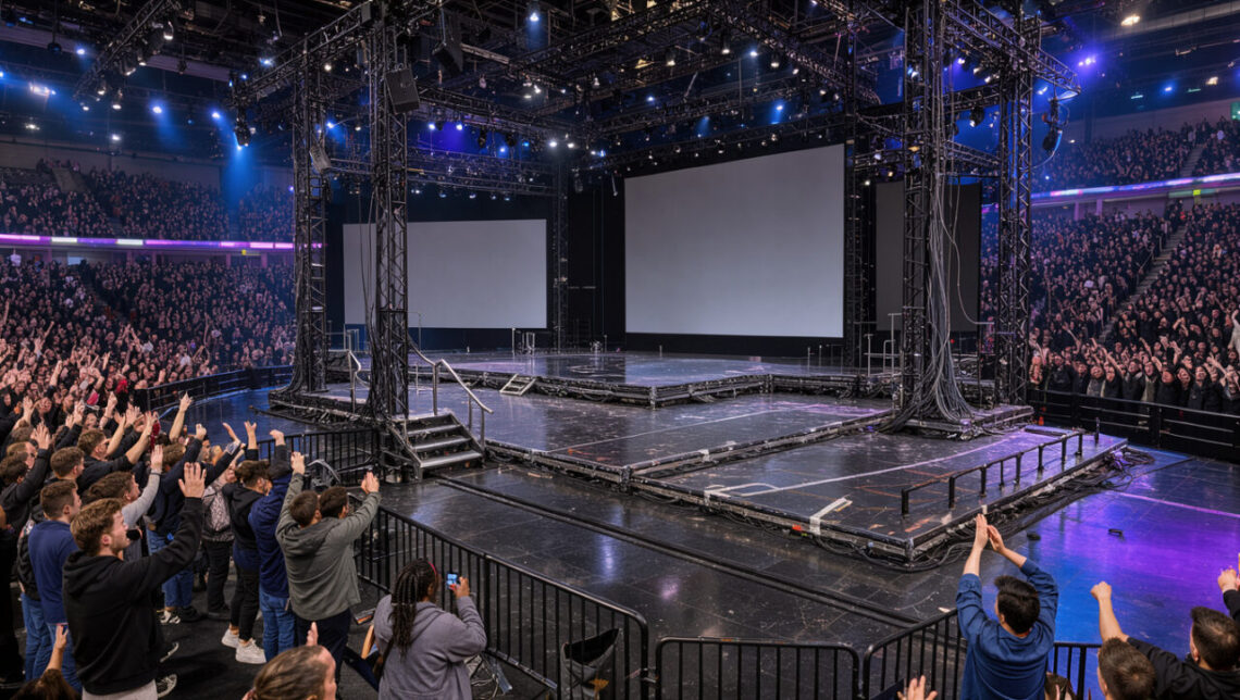 Vue panoramique réaliste d’un salon gaming parisien avec une grande scène d’e-sport, des écrans géants sans inscription, des tribunes pleines de spectateurs et une lumière bleue.