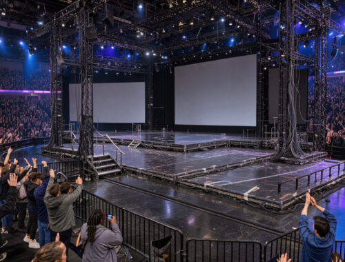 Vue panoramique réaliste d’un salon gaming parisien avec une grande scène d’e-sport, des écrans géants sans inscription, des tribunes pleines de spectateurs et une lumière bleue.